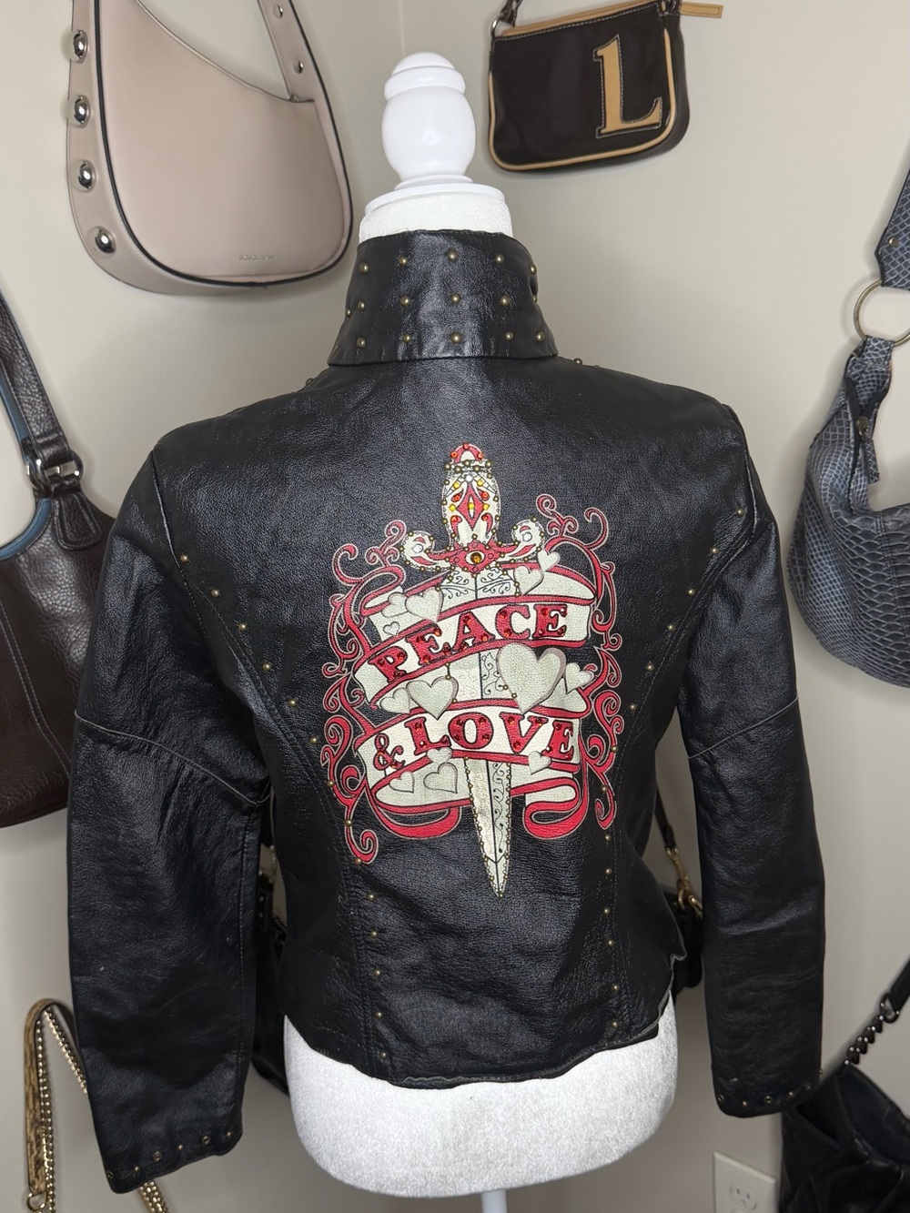 Wilson Leather Black/Red Studded “Peace & Love” Moto Jacket - Size M